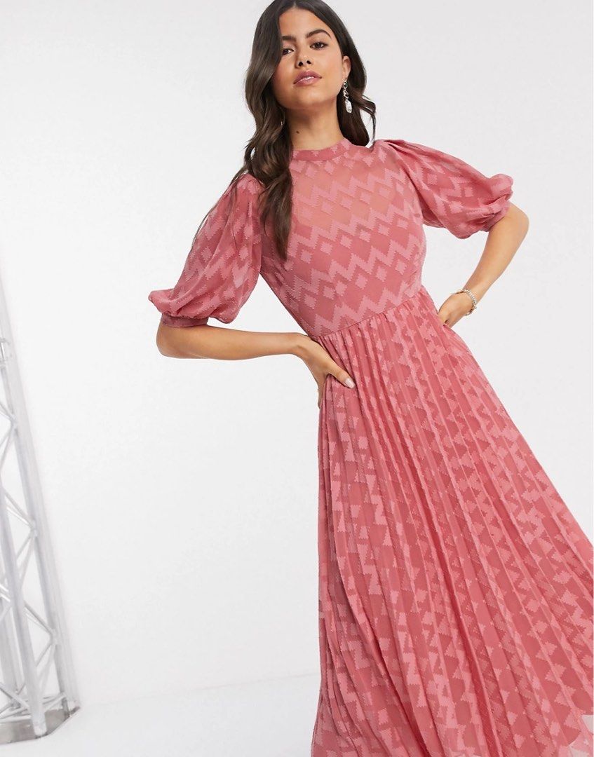 ASOS Design High Neck Pleated Chevron Dobby Midi Dress With Puff