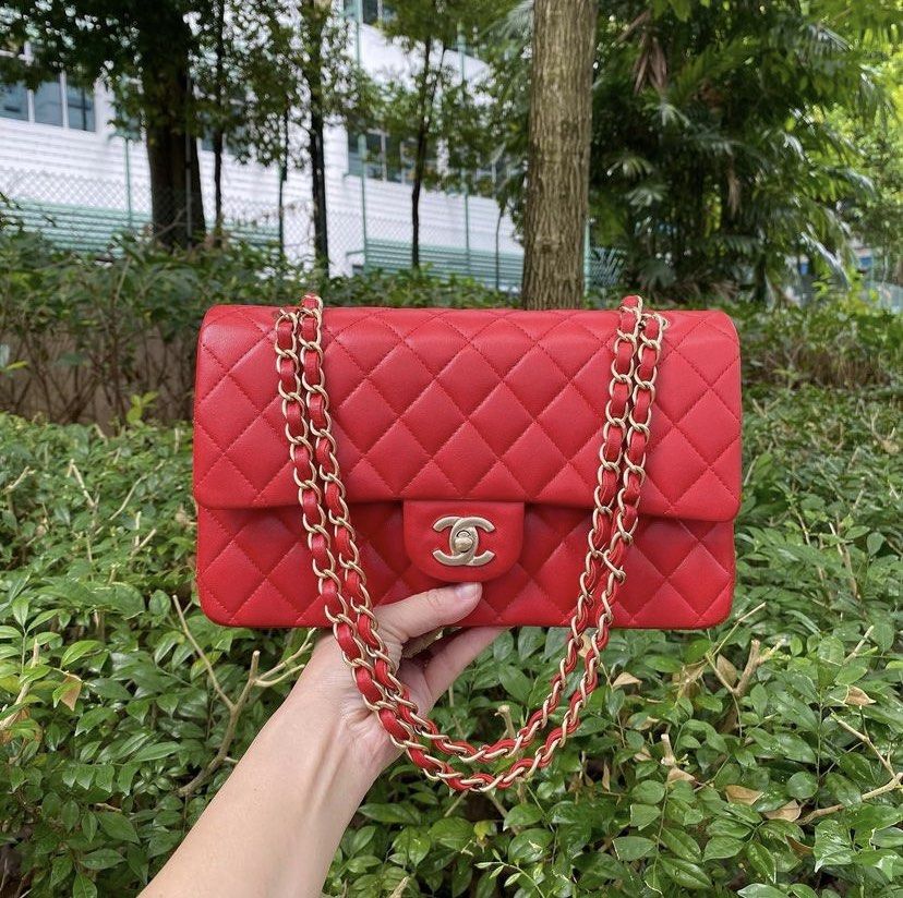 Authentic Chanel Medium Classic Flap in Red GHW lambskin