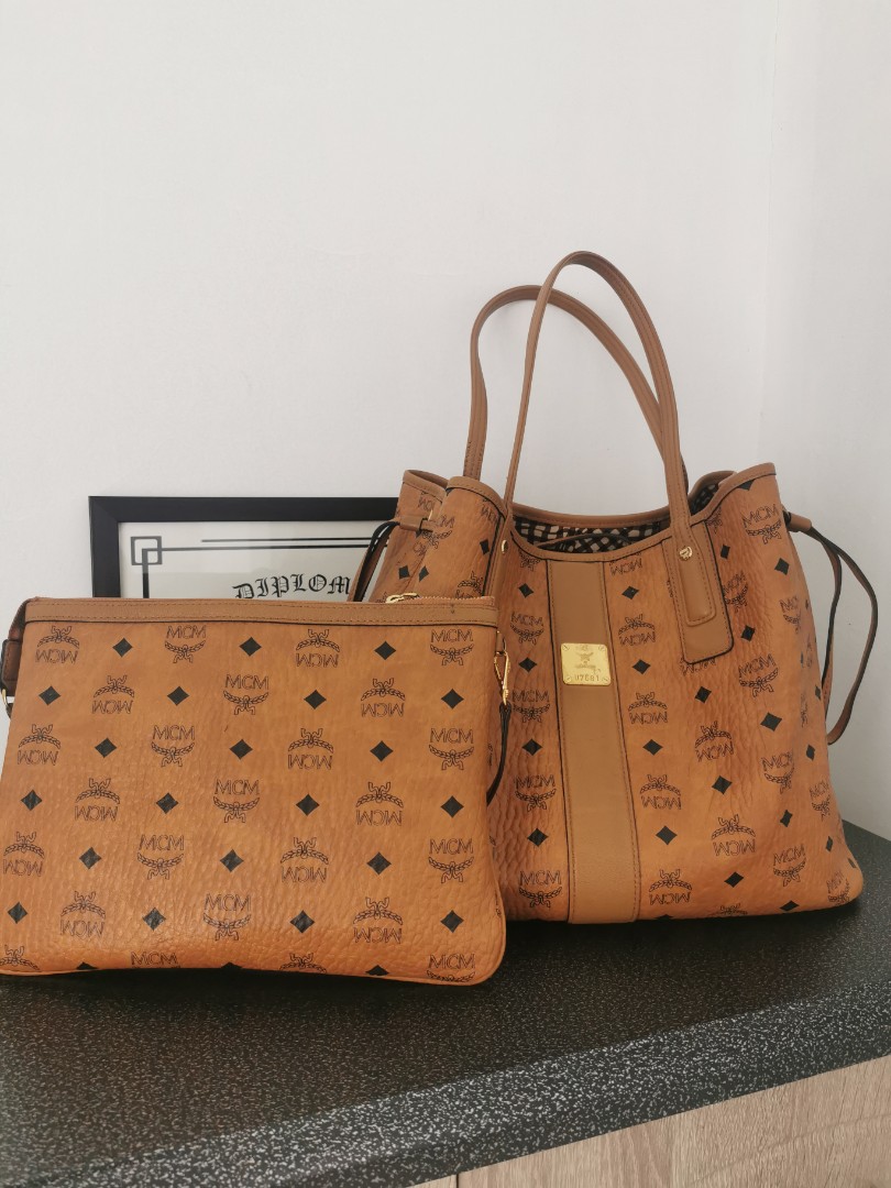 Tan & Black MCM Liz Reversible Tote Bag