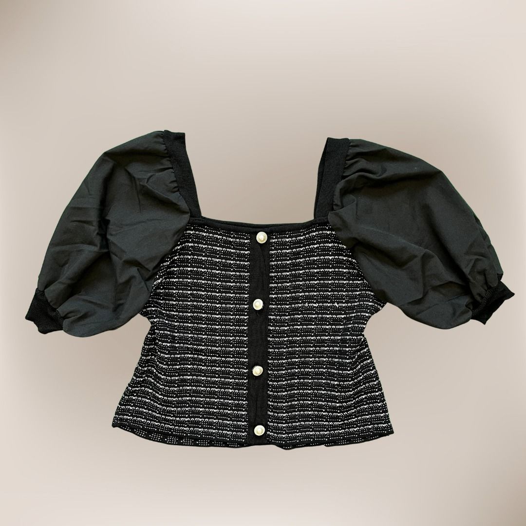 Black Tweed Puff Sleeve Blouse Top (Category: Blouses) located in Quezon City. Submitted by aces_ (Listing ID 1244977301, Image 1). Description: Used once max only Excellent condition Great tweed cloth with nice buttons Feminine design Best fits S-M frames.