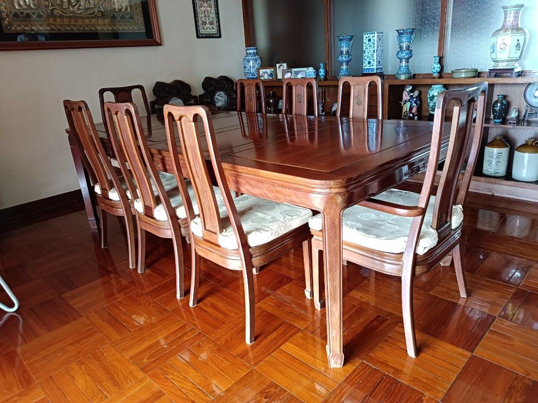 Chinese Traditional Dining Table & Chairs With Cushions, Solid Hardwood
