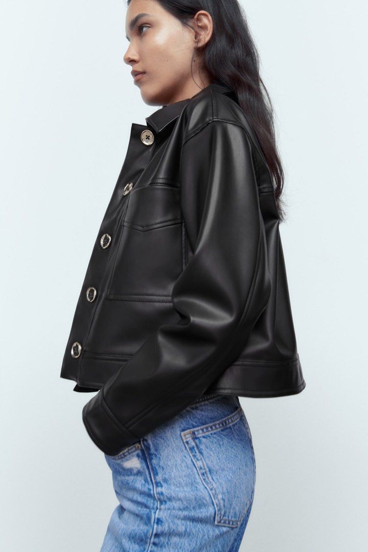 Gold button faux leather jacket clearance