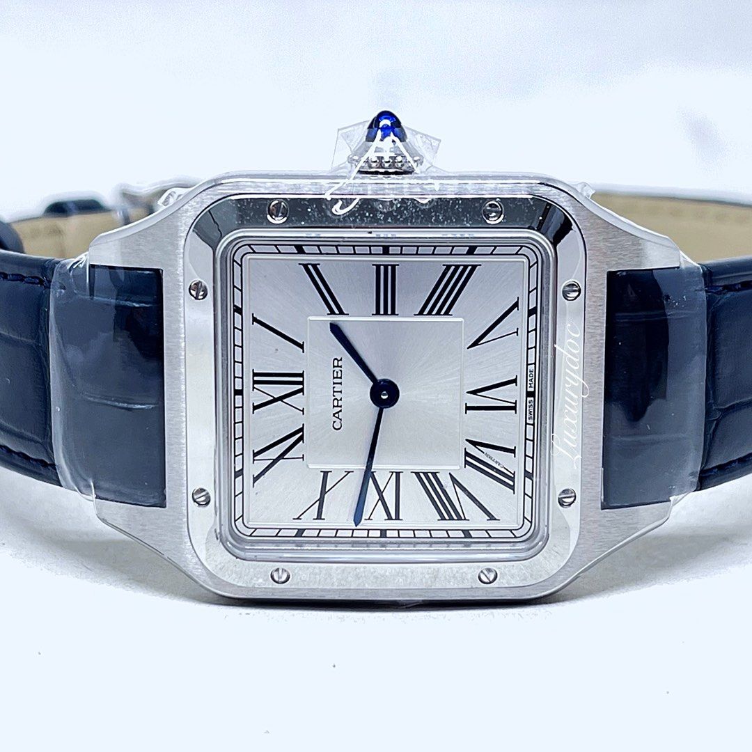 FS.BNIB CARTIER SANTOS DUMONT LARGE MODEL QUARTZ STEEL ON LEATHER STRAP WSSA0022