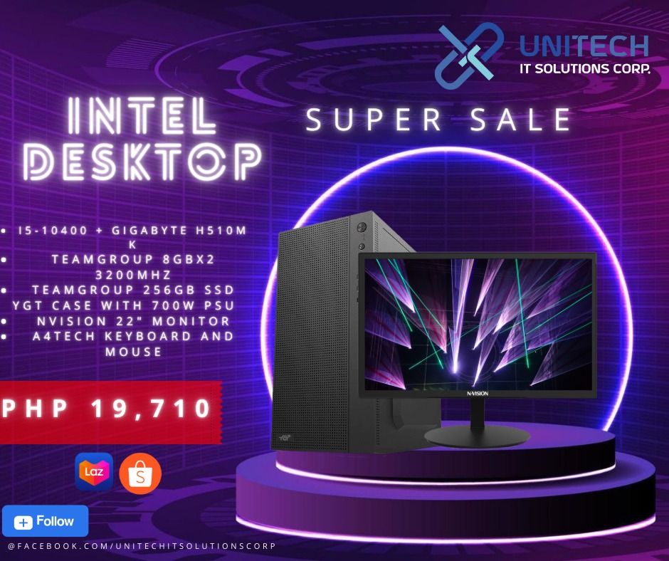 INTEL DESKTOP BUILD PACKAGES (Category: Desktops) located in Manila. Submitted by crisantow (Listing ID 1244863189, Image 2). Description: 🖥 INTEL BRANDNEW DESKTOP PACKAGES ‼️ •I3-10100 + ASROCK H510M •TEAMGROUP 8GB 3200MHZ •APACER 128GB SSD •YGT CASE 700W PSU •NVISION 22" MONITOR •A4TECH KB & MOUSE 💸₱16,710 •I5-10400 + GIGABYTE H510M K •TEAMGROUP 8GBX2 3200MHZ •TEAMGROUP 256GB SSD •YGT CASE 700W PSU •NVISION 22" MONITOR •A4TECH KB & MOUSE 💸₱1