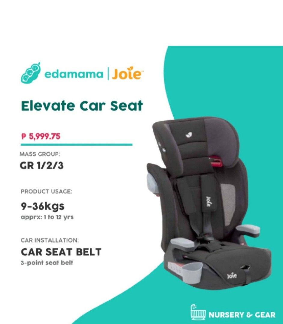 Joie Elevate Car Sear (Category: Car Seats) located in Binan City. Submitted by ptannn (Listing ID 1244882896, Image 2). Description: Please see photos for item specifications, measurements and flaw No box No manual Needs cleaning Message me for more photos :) Shipping via Grab/Lalamove only.