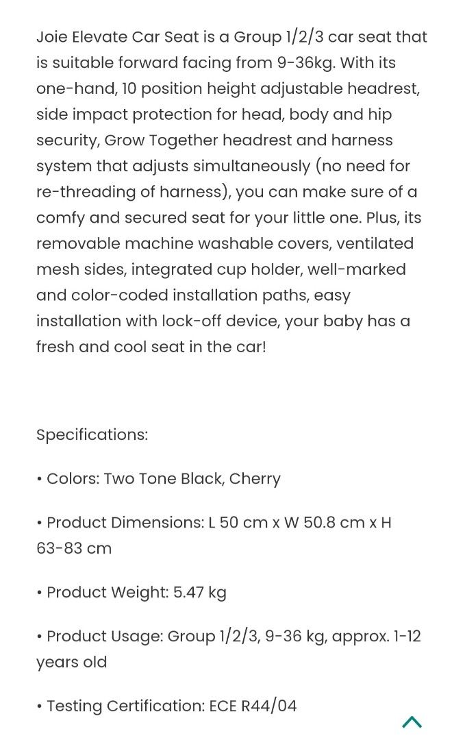 Joie Elevate Car Sear (Category: Car Seats) located in Binan City. Submitted by ptannn (Listing ID 1244882896, Image 3). Description: Please see photos for item specifications, measurements and flaw No box No manual Needs cleaning Message me for more photos :) Shipping via Grab/Lalamove only.