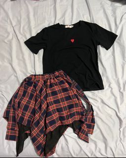 Kids Girls Summer Outfit T Shirt Plaid skirt 2Pcs