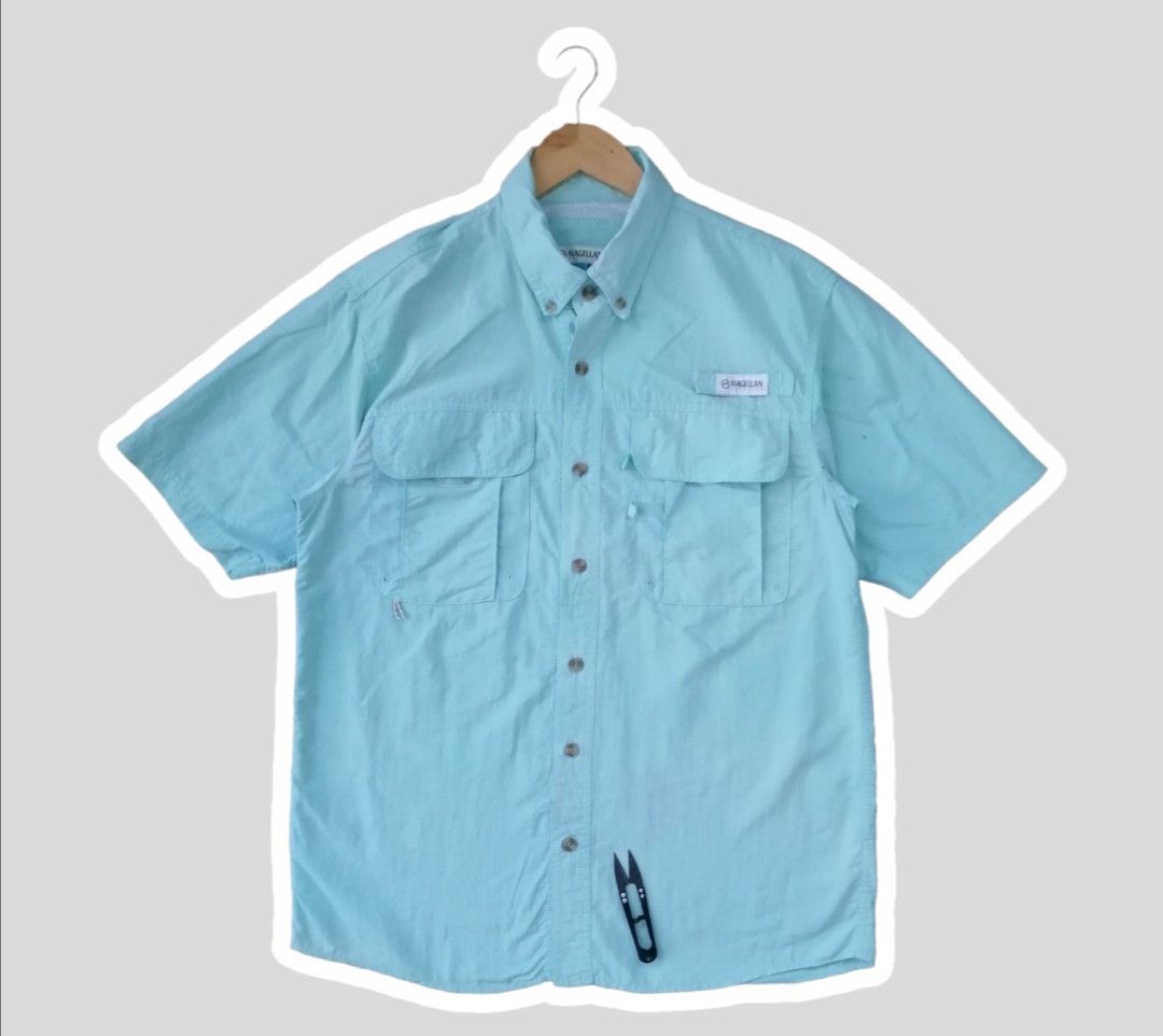 Magellan boys fishing shirt medium blue nylon short sleeve button down