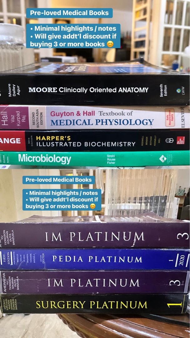 Med School Books Anatomy Moore, Physiology Guyton, Platinum, Harper