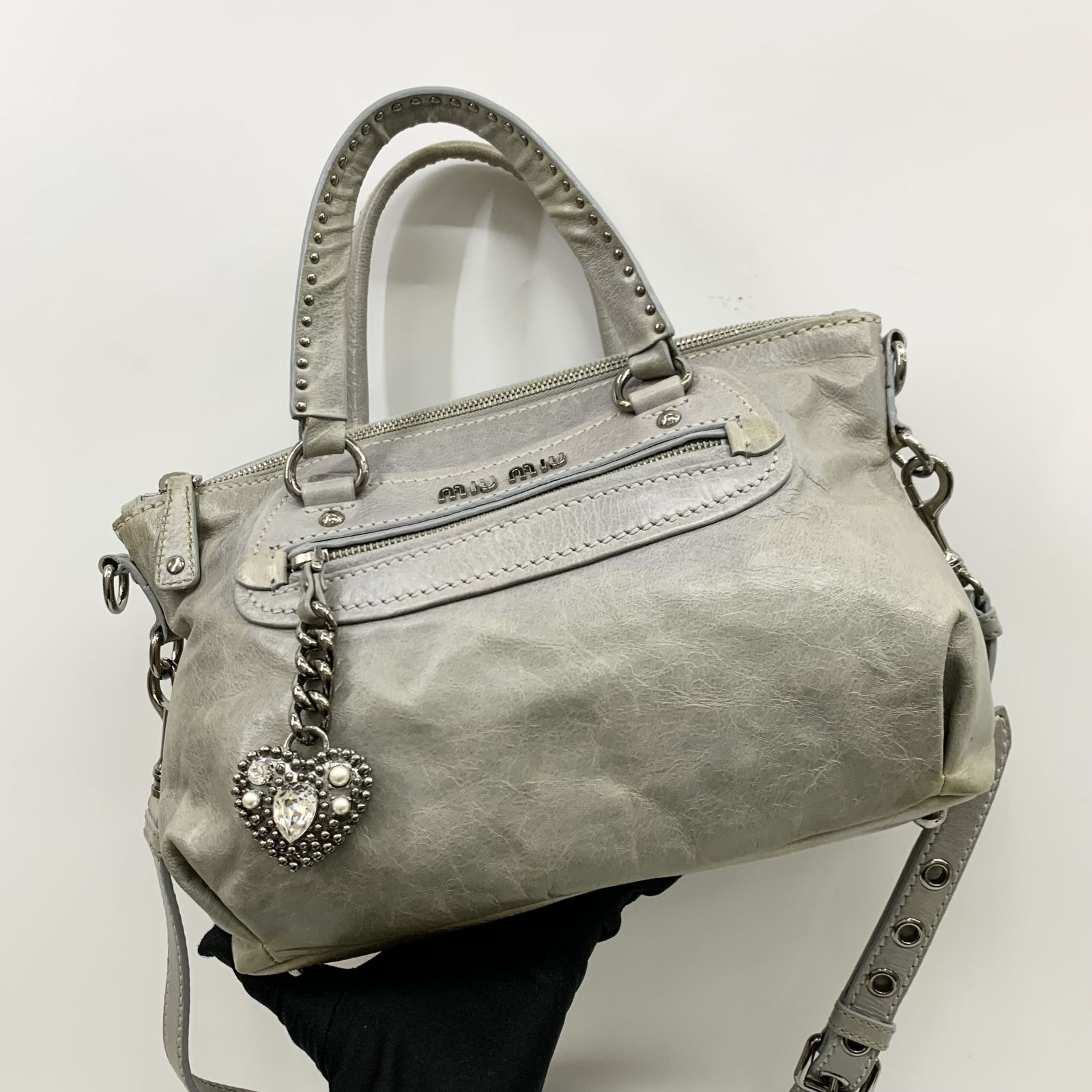 MIU MIU GREY LEATHER HEART CHARM 2 WAY SHOULDER BAG 237021606 TI 