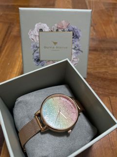 Olivia Burton Midi Rainbow Pearl Dial Rose Gold Mesh Watch