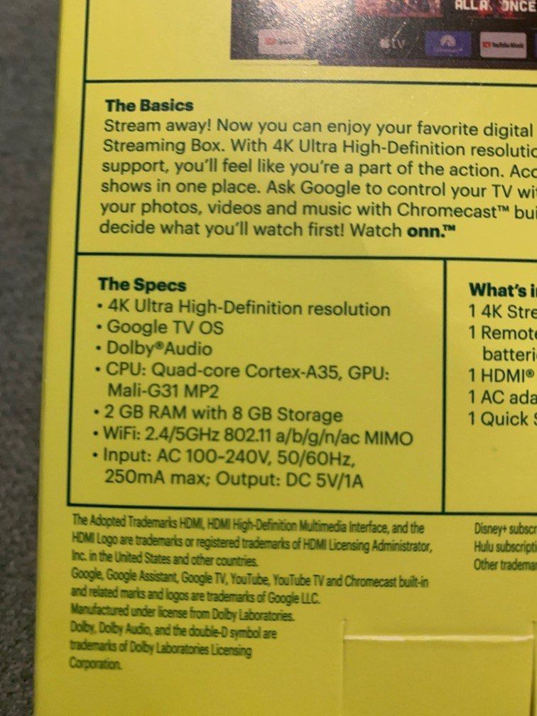onn. Google TV 4K Streaming Box (New, 2023), 4K UHD resolution