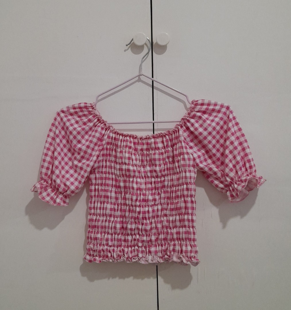 Pink Gingham Puff Sleeves Top, Women's Fashion, Tops, Blouses on Carousell