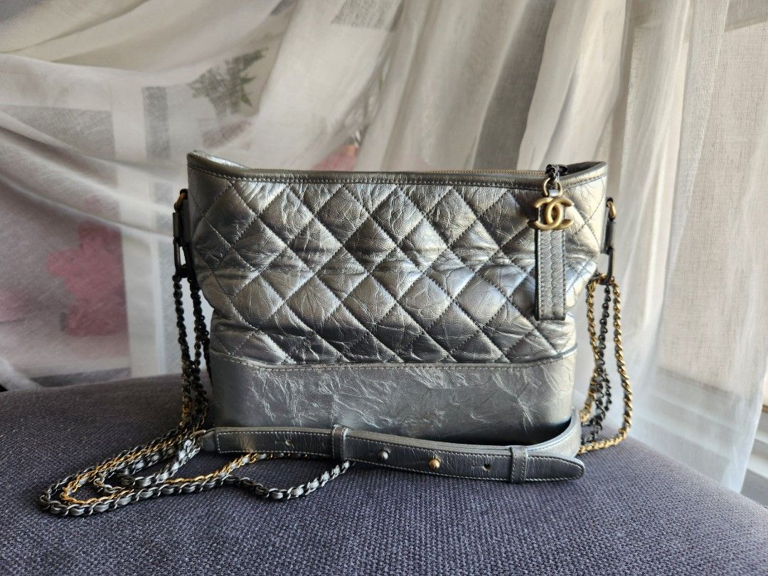 Preowned Authentic Chanel Gabrielle Medium Hobo Bag in Silver Aged