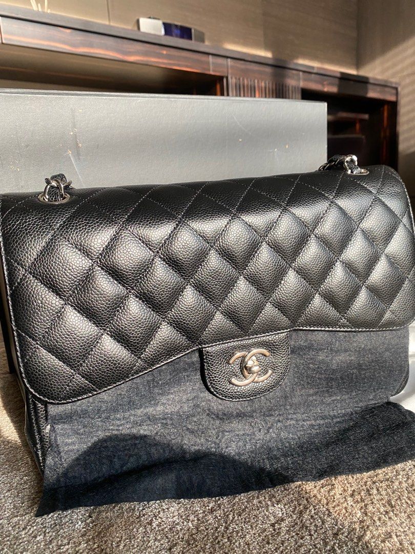 Pre-owned Chanel Jumbo Classic Double Flap Bag Black Caviar Silver