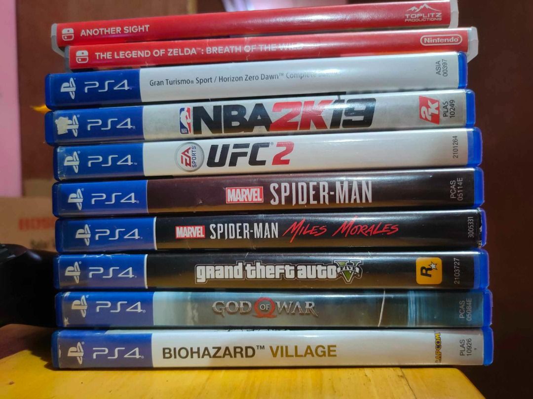 PS4 / Nintendo Switch Games (Category: PlayStation) located in Batangas. Submitted by jckdrz (Listing ID 1244920734, Image 1). Description: PS4 ◾ ❌ SOLD Horizon Zero Dawn Complete Edition + Gran Turismo Sport (Php 800) - Mega Pack ◾ NBA2k19 (Php 400) ◾❌ SOLD UFC 2 (Php 500) ◾❌ SOLD Marvel Spider-Man (Php 850) ◾❌ SOLD Marvel Spider-Man MILES MORALES (Php 2,200) ◾Grand Theft Auto 5 (Php 750) ◾God of War (Php 600) ◾ Resident Evil Biohazard VILLAGE (