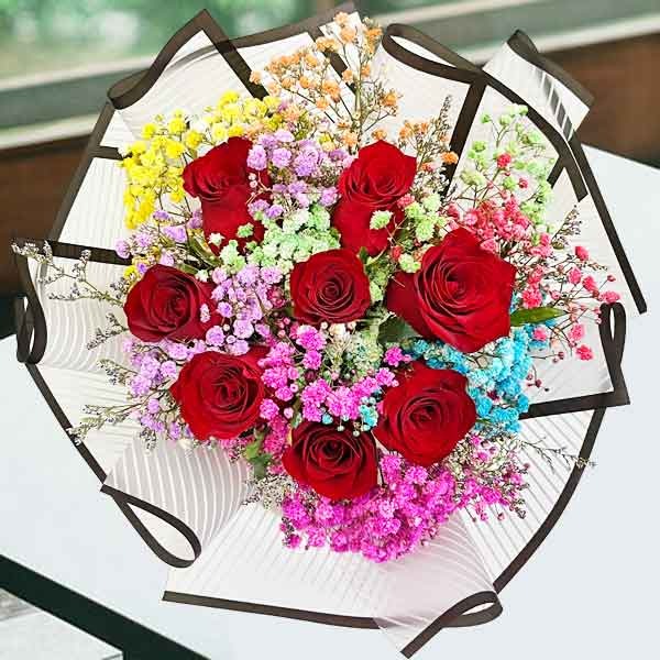 Rainbow Baby's Breath Flowers With 8 Red Roses Hand Bouquet Singapore