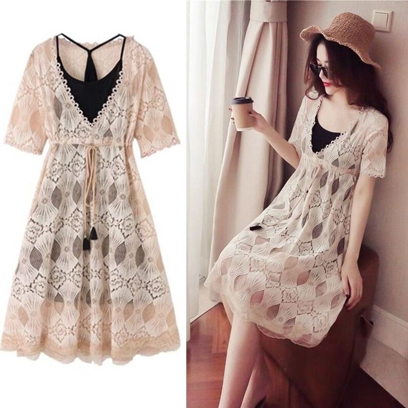 Readystock cream black boho lace dress plus size Women s Fashion