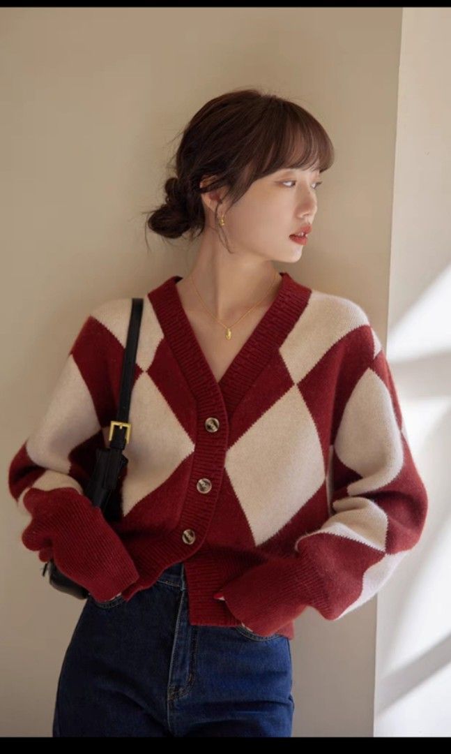 Red checkered cardigan