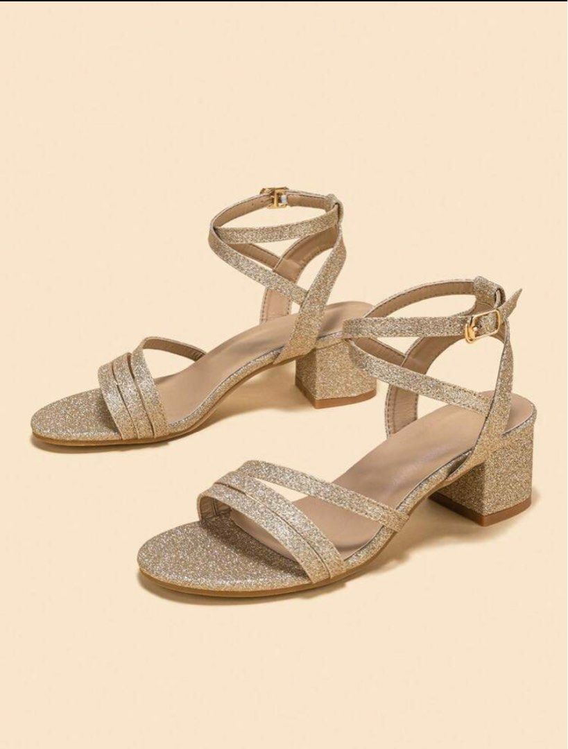 Rose Gold Glitter Chunky Heels with Ankle Strap UK7 UK7.5