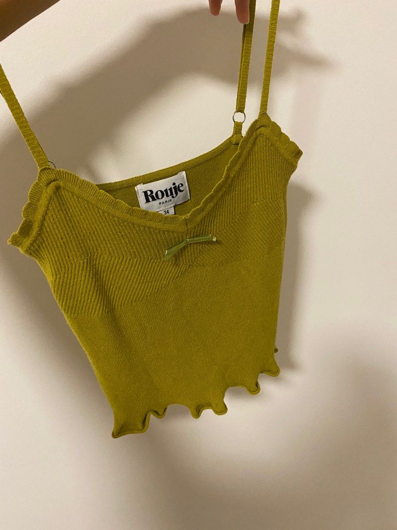 Rouje knit ribbon/bow lettuce hem tank in chartreuse/olive green, Women