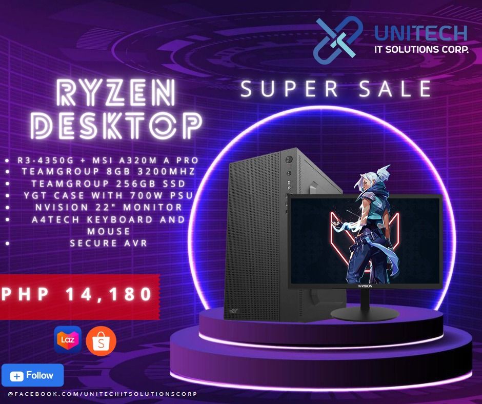 RYZEN DESKTOP BUILD PACKAGES (Category: Desktops) located in Manila. Submitted by crisantow (Listing ID 1244862861, Image 1). Description: RYZEN BRANDNEW DESKTOP PACKAGES ‼️ Ryzen 3 -4350G + MSI A320M A Pro Teamgroup 8GB 3200mhz Teamgroup 256GB SSD YGT Case w/ 700W PSU Nvision 22inch Monitor A4tech Keyboard and Mouse Secure AVR 💸₱14,180 Ryzen 5 -2400GE + MSI A320M A Pro Teamgroup 8GB 3200mhz Teamgroup 256GB SSD YGT Case w/ 700W PSU Nvision 22inc