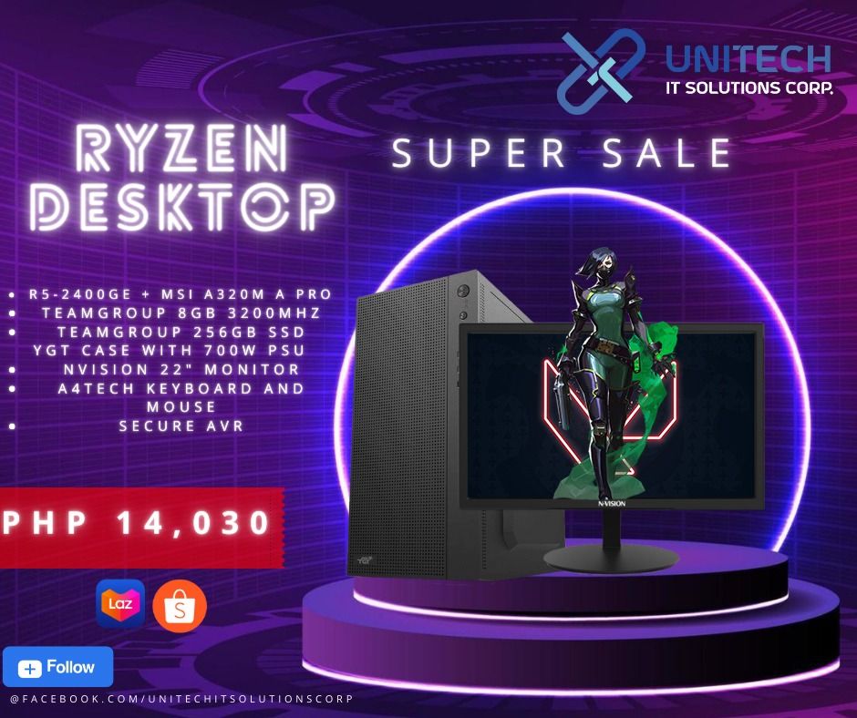 RYZEN DESKTOP BUILD PACKAGES (Category: Desktops) located in Manila. Submitted by crisantow (Listing ID 1244862861, Image 3). Description: RYZEN BRANDNEW DESKTOP PACKAGES ‼️ Ryzen 3 -4350G + MSI A320M A Pro Teamgroup 8GB 3200mhz Teamgroup 256GB SSD YGT Case w/ 700W PSU Nvision 22inch Monitor A4tech Keyboard and Mouse Secure AVR 💸₱14,180 Ryzen 5 -2400GE + MSI A320M A Pro Teamgroup 8GB 3200mhz Teamgroup 256GB SSD YGT Case w/ 700W PSU Nvision 22inc