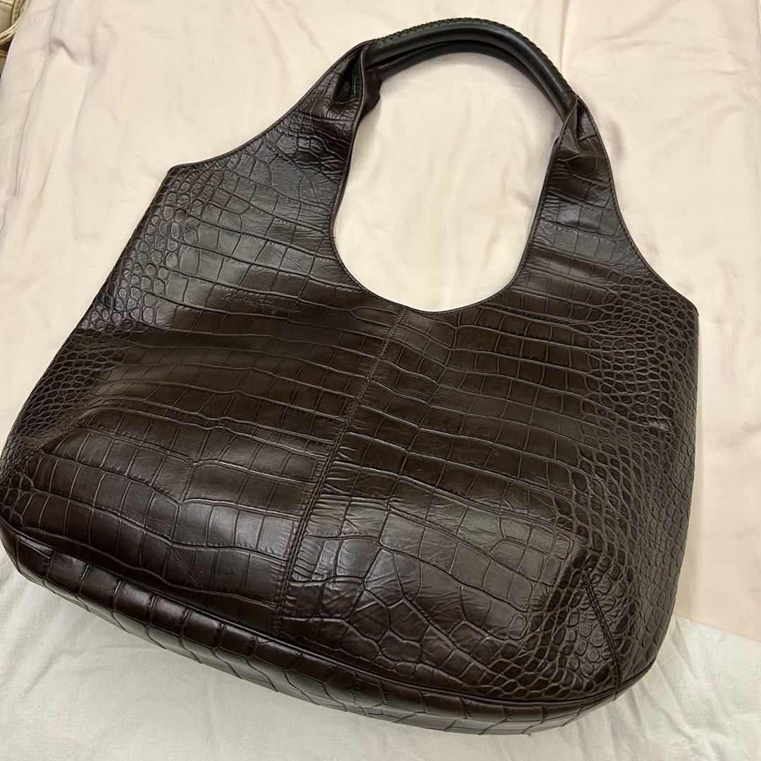 Salvatore Ferrogamo Hobo Bag (Category: Luxury Bags & Wallets) located in Quezon City. Submitted by bray_ (Listing ID 1244915577, Image 1). Description: Dark Brown Croc Embossed Leather Big Hobo Bag Good condition With original dustbag W42 H27 D10 cm.