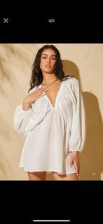 SHEIN White Cover Up Plunging Neck Lantern Sleeve Smock Dress