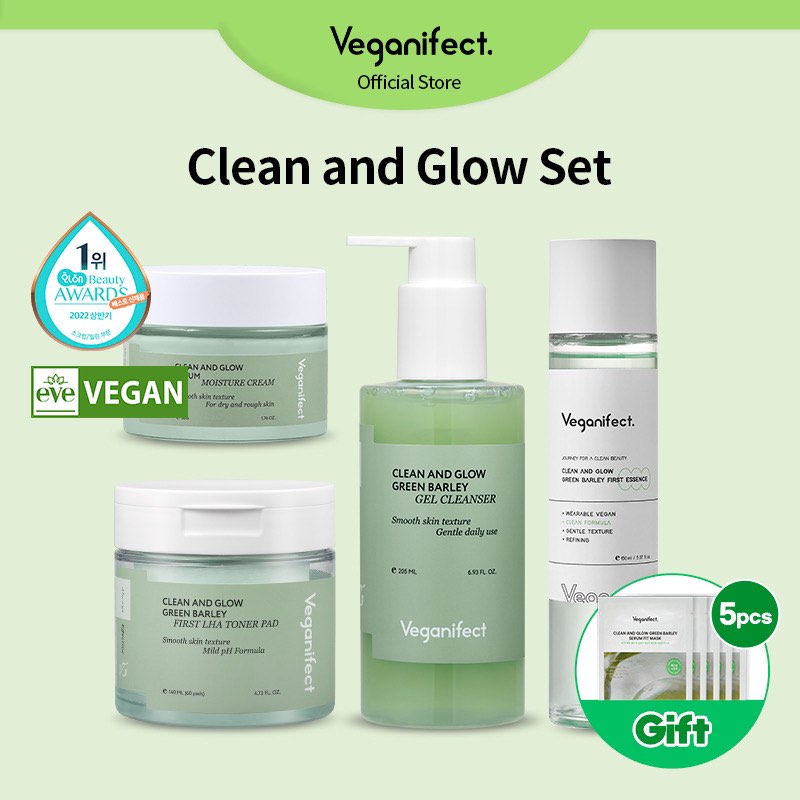 [Veganifect] Clean and Glow All SET Gel Cleanser Toner Pad Cream  1st Essence Sheet mask 5ea Free Gift LHA Green Barley Green Barley  for Skin Texture Hydration, Beauty  Personal Care, Face, Face Care on  Carousell