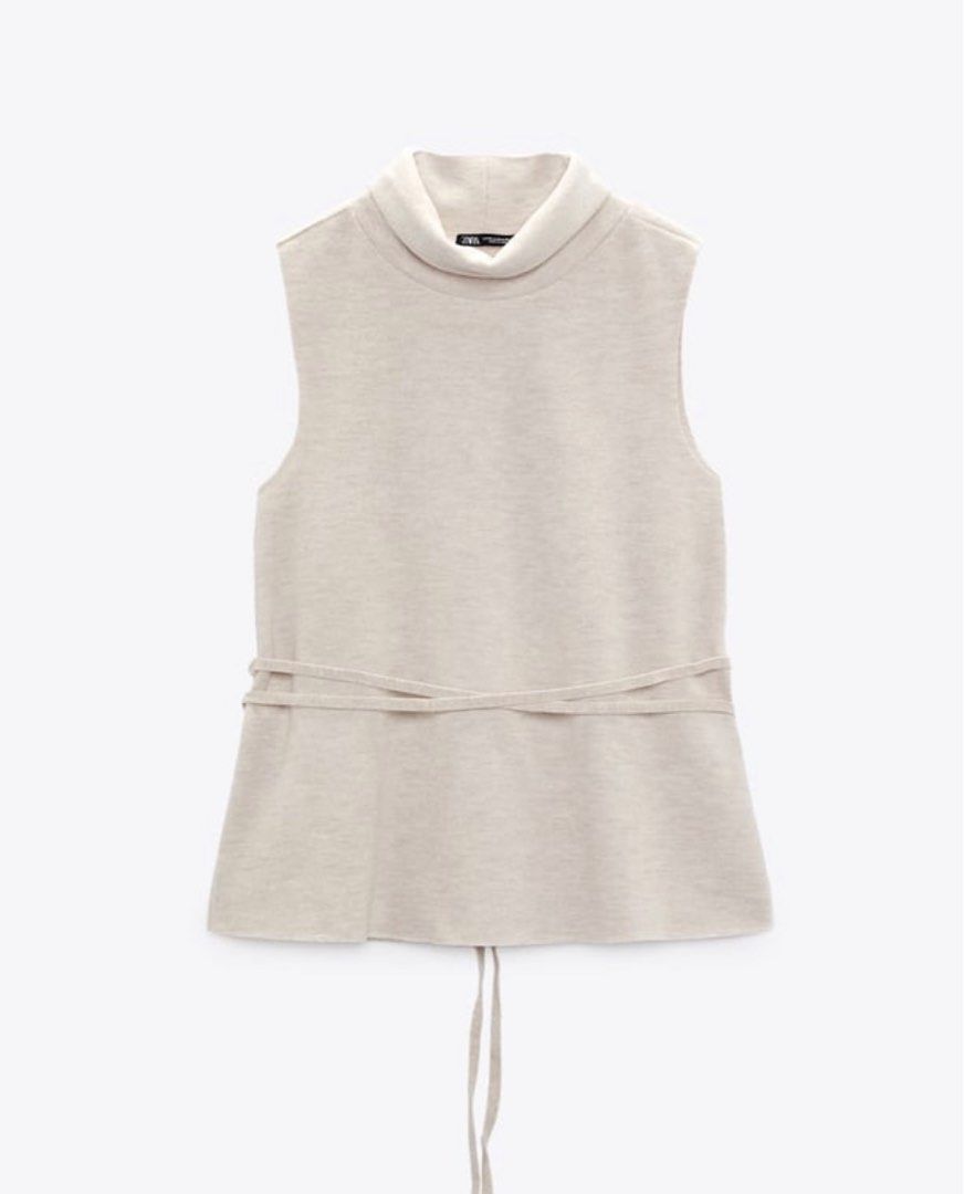 Zara Sleeveless Turtleneck Biege Soft Top with Drawstring, Women's