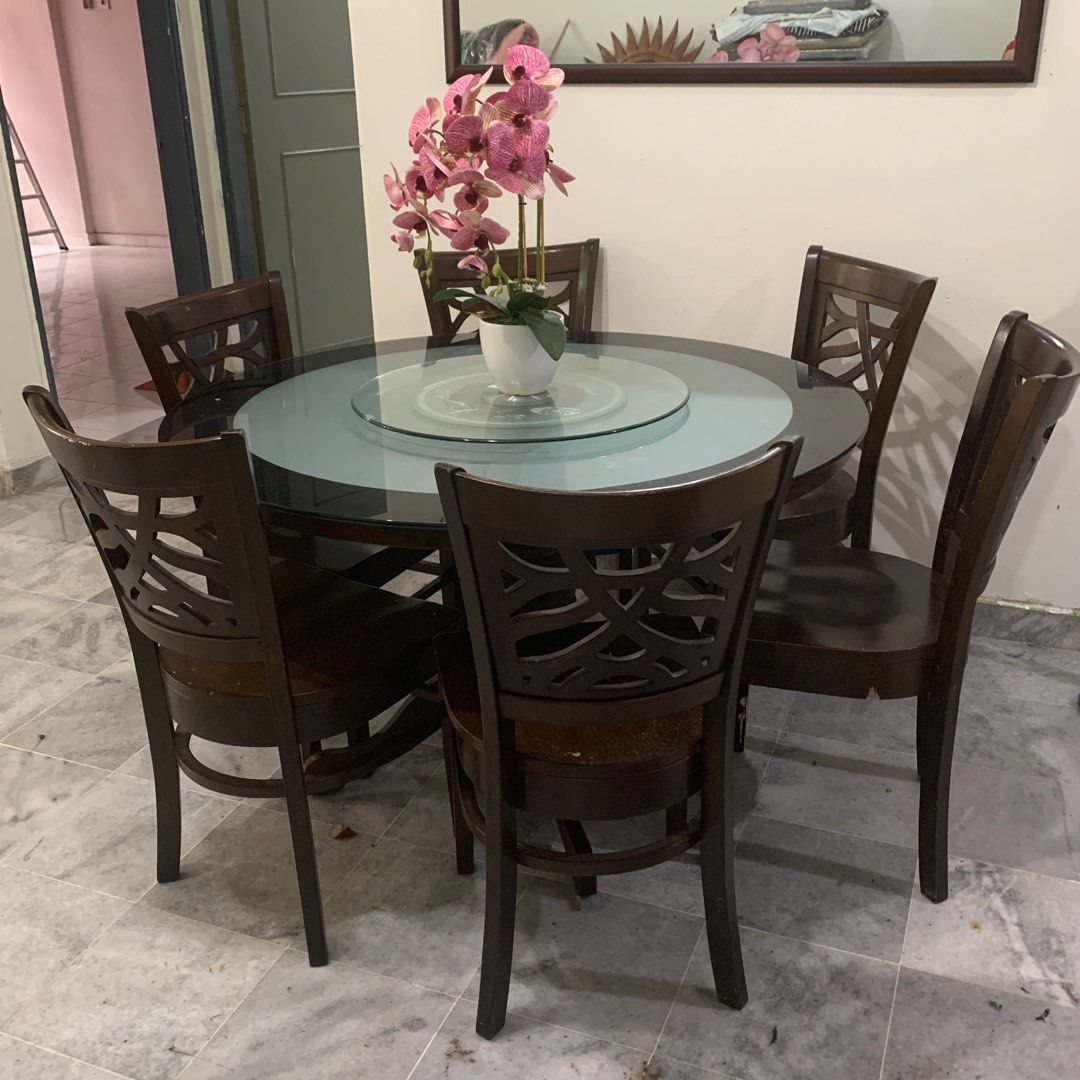 6 Seater Round Dining Table with Glass Table Top, Furniture & Home