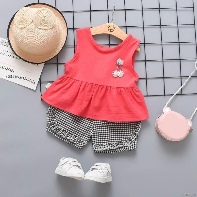 Baby Girls Casual Sleeveless Floral Design Vest Tops Plaid Shorts Clothes Set