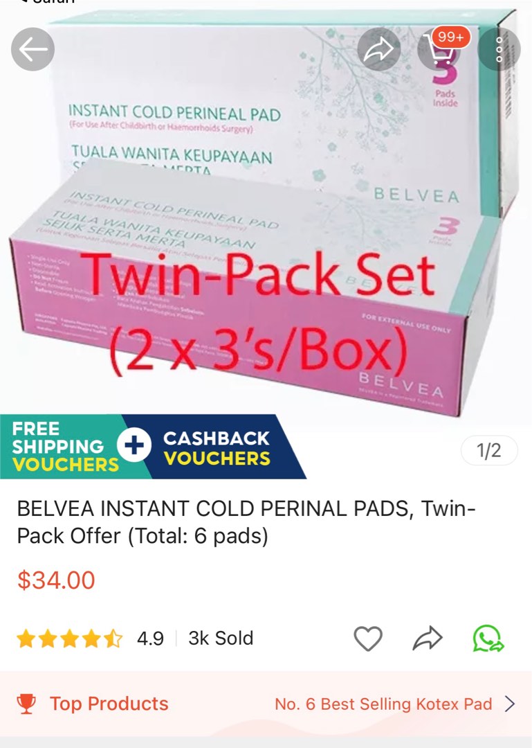 BELVEA INSTANT COLD PERINAL PADS, Twin-Pack Offer (Total: 6 pads)