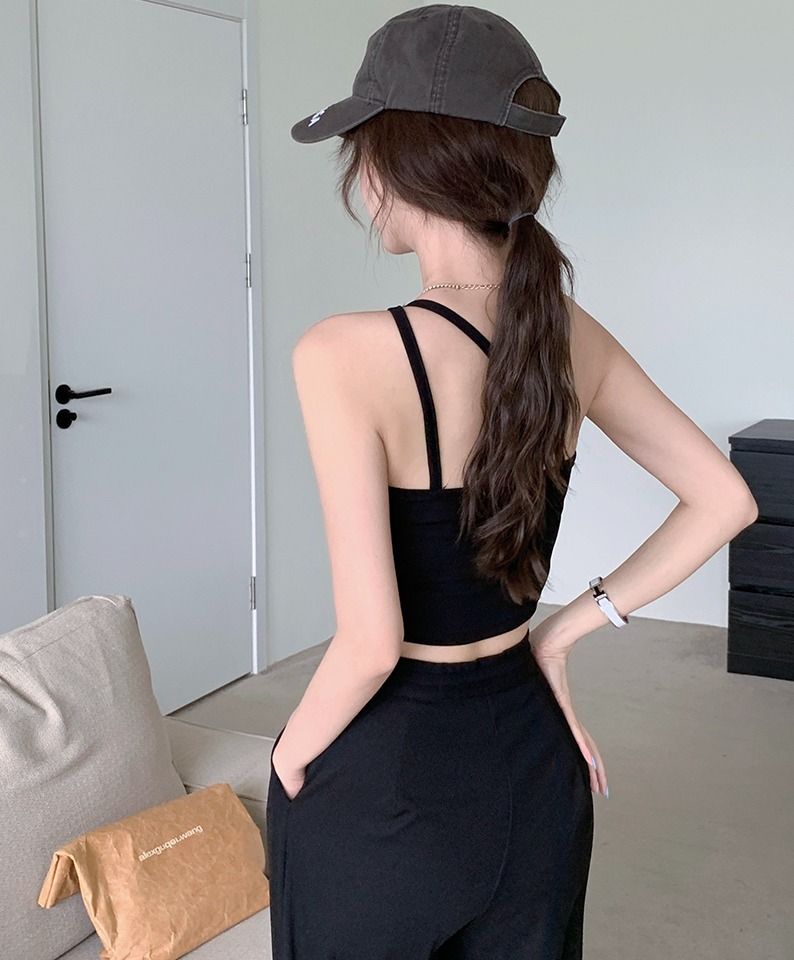 夏。韓chic顯身材性感斜肩美背吊帶小背心+自帶垂感休閒高腰繫帶闊腿長