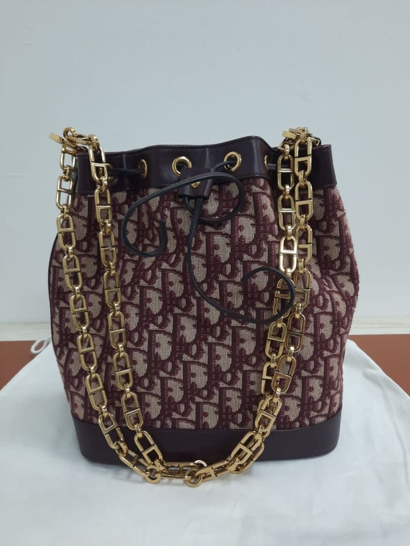 CHRISTIAN DIOR DRAWSTRING BUCKET BAG BURGUNDY OBLIQUE CANVAS
