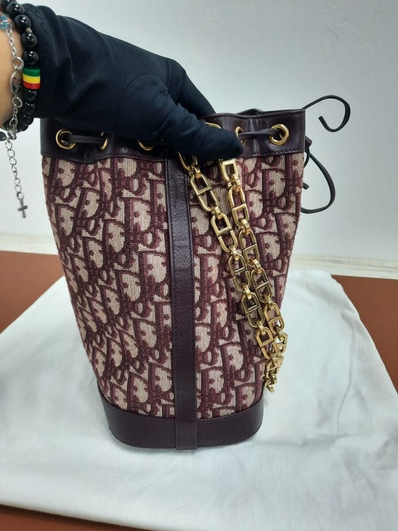 Dior Burgundy Oblique Canvas and Leather Drawstring Chain Bucket Bag Dior