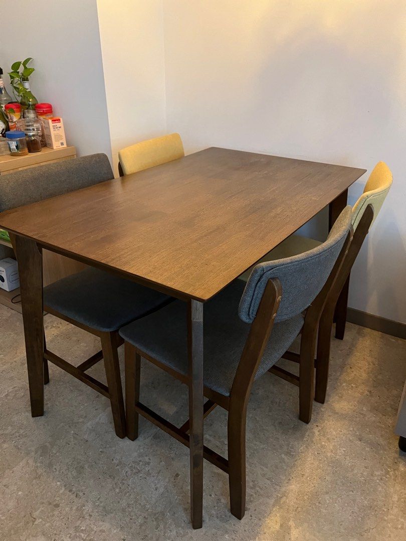 Dining Set (Category: Tables & Sets) located in Singapore. Submitted by keeeeeechan (Listing ID 1245044309, Image 2). Description: Dining table and chairs set 4 pcs chairs Some stains on the seat of the yellow chairs (can easily be removed by brushing with soap and water) Minor scuffs on one side of the table Dining table dimensions: - Height 76.5cm - Depth 80cm - Width 120cm Chairs dimensions: Height: 84.5cm Wdith: 48cm Depth: 52.5cm Buyer to ar