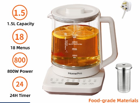 EHT15 Electric Health Teapot/Thick Glass/Multi-function Kettle/18 Menus ...
