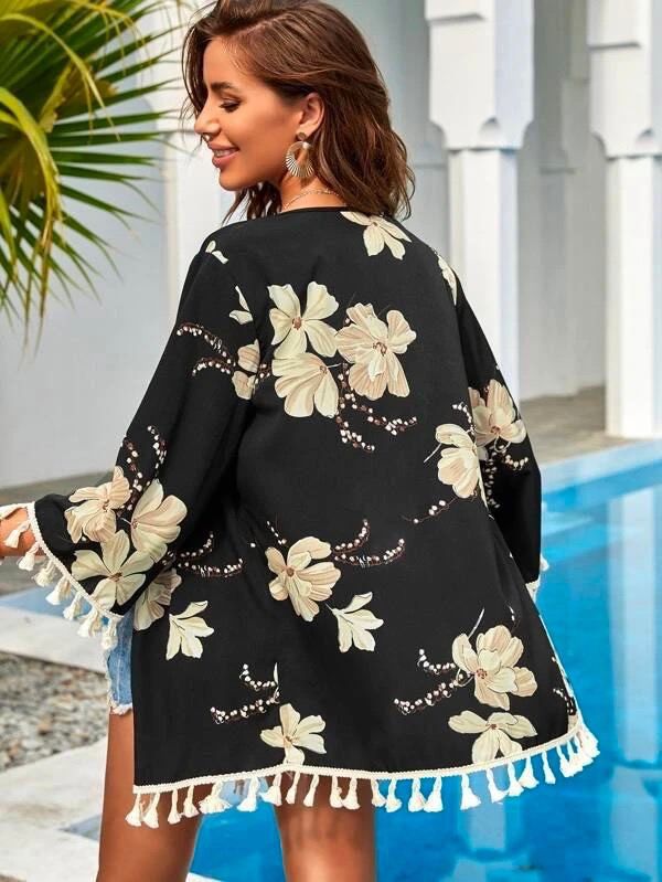 Floral Tassel Hem Kimono