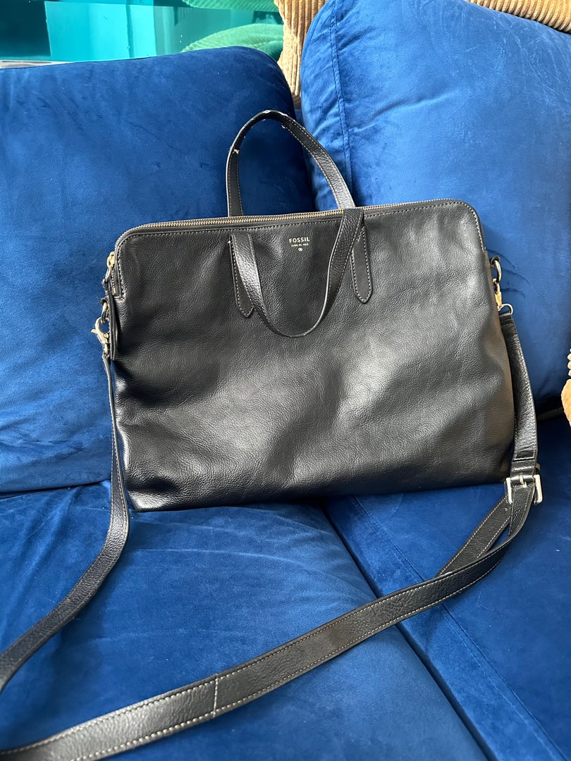 Fossil black leather laptop bag tas laptop laptop sleeve tote bag