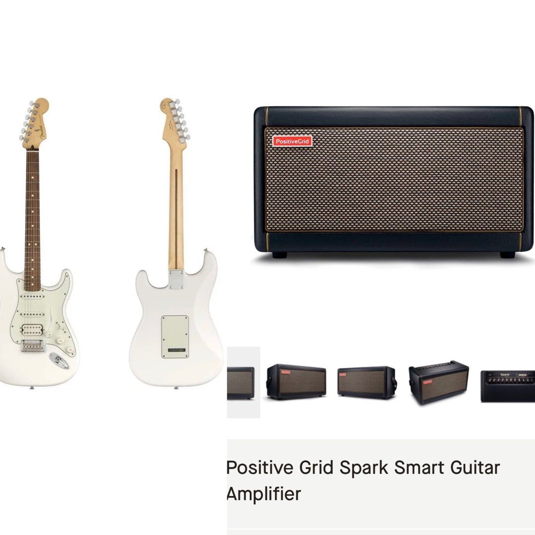 Fender Player HSS Stratocaster Electric Guitar Pau Ferro FB Polar White and Positive Grid Spark Smart Guitar Amplifier