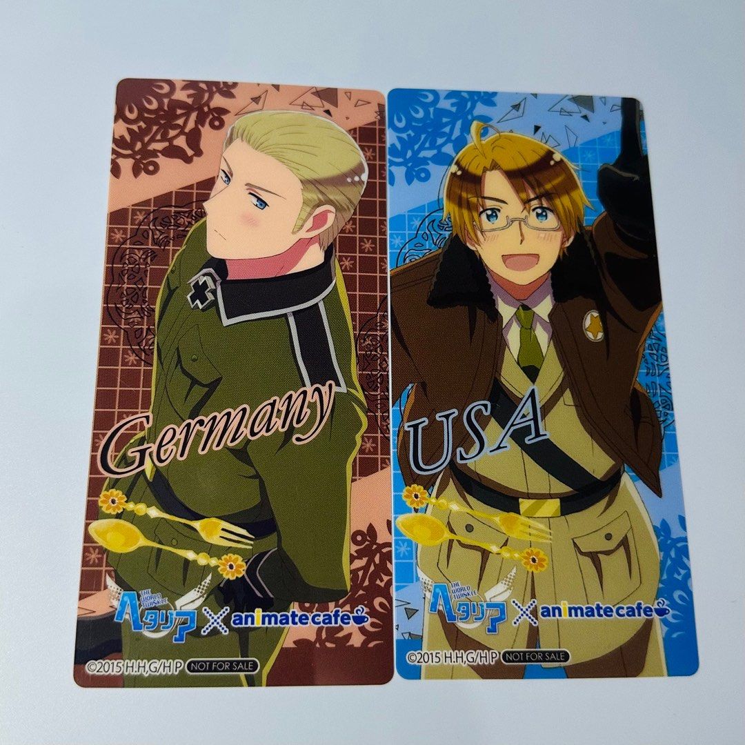 Hetalia x animate cafe Germany & USA plastic bookmark 15x7cm - Php 75 each (Category: Character Goods) located in Davao. Submitted by pandorastoybox (Listing ID 1245208050, Image 1). Description: Hetalia x animate cafe Germany & USA plastic bookmark 15x7cm - Php 75 each .