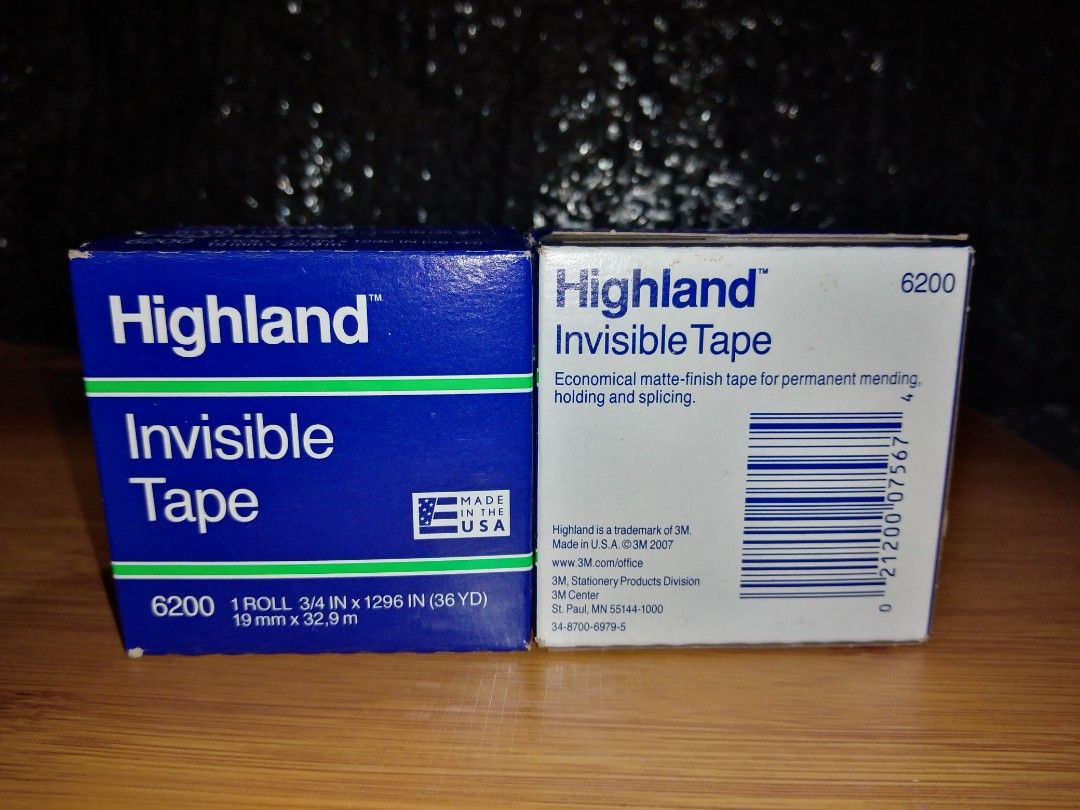 Highland Invisible Tape (Category: Craft Supplies & Tools) located in Tuguegarao City. Submitted by arkinshim (Listing ID 1245205569, Image 2). Description: Sold per box 10 boxes available (New/Never Opened) Hindi naman ginagamit kaya need ideclutter Lesser if getting all boxes --visible dirt, crease and fold on boxes due to storing Additional 10 pesos declared price on shopee + shipping fee to be paid by buyer PAYMENT FIRST BASIS, AFTER PAYMENT 
