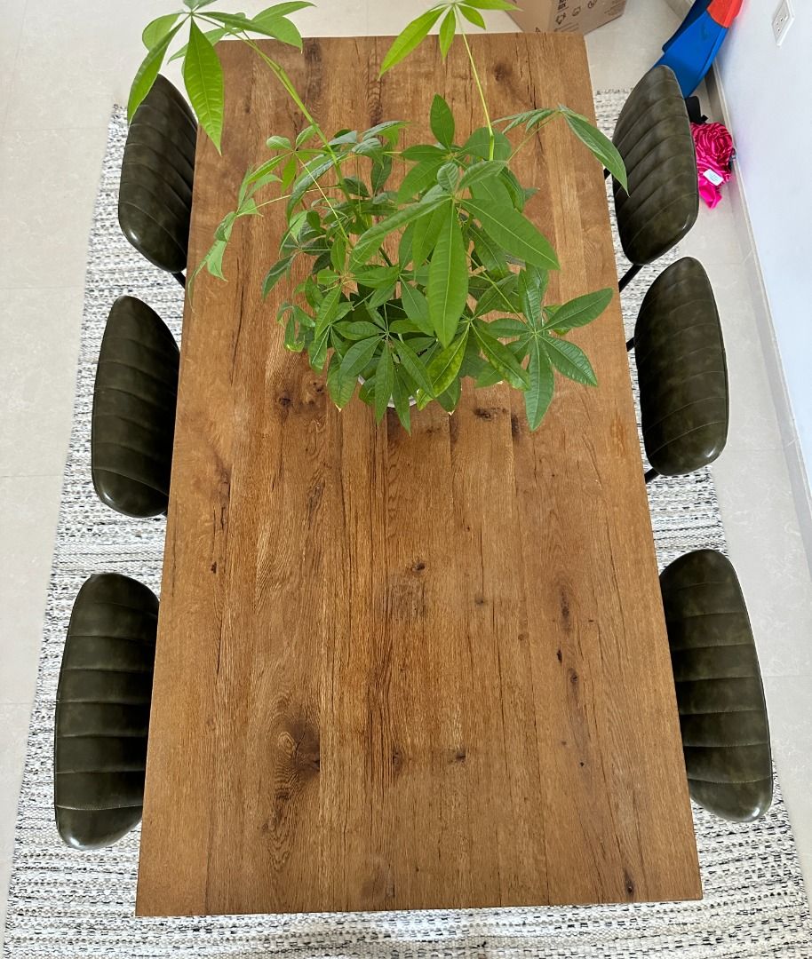 Industrial Wood Dining Table & x6 Leather Vintage Dining Chairs
