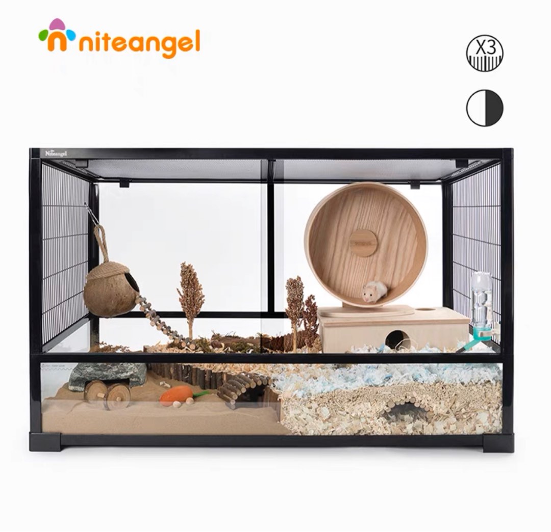 Niteangel hamster cage with wheels full Glass Transparent for Large