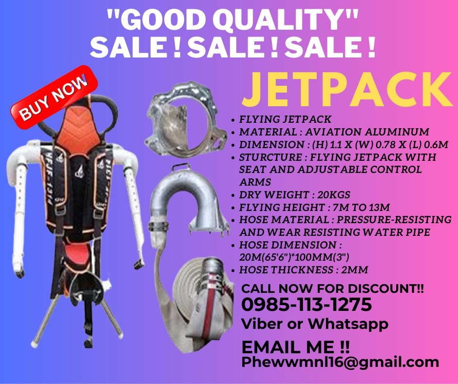 PERSONAL WATER JETPACK !!! (Category: Water Sports) located in Caloocan City. Submitted by nikkisant89648 (Listing ID 1245064156, Image 1). Description: •FLYING JETPACK• • MATERIAL : Aviation aluminum • DIMENSION : (H)1.1 X (W)0.78 X (T)0.6M • STRUCTURE : Flying jetpack with seat and adjustable control arms • DRY WEIGHT : 20kgs • FYING HEIGHT : 7m to 13m •PASSENGER CAPACITY : 1(135kgs/297lbs) • PACKAGING SIZE : 1.22x0.51x0.7m • GROSS WEIGHT : 67k