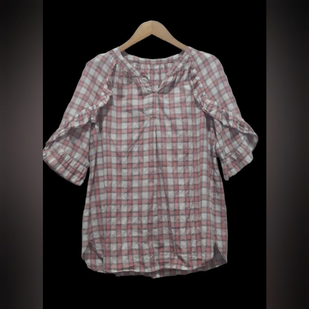 plaid ruffle top, Fesyen Wanita, Pakaian Wanita, Atasan di Carousell