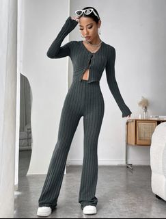 Ribbed knit crop top and flared leg pants dark grey