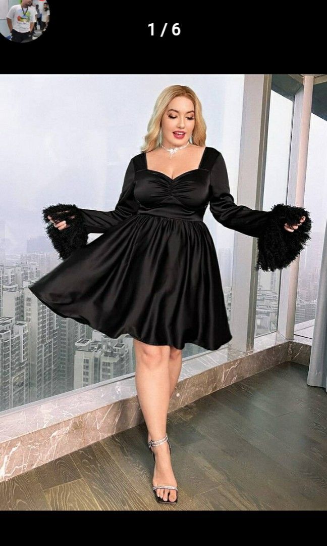 Shein plus size Black dress Sweetheart Neck Flounce Sleeve Satin